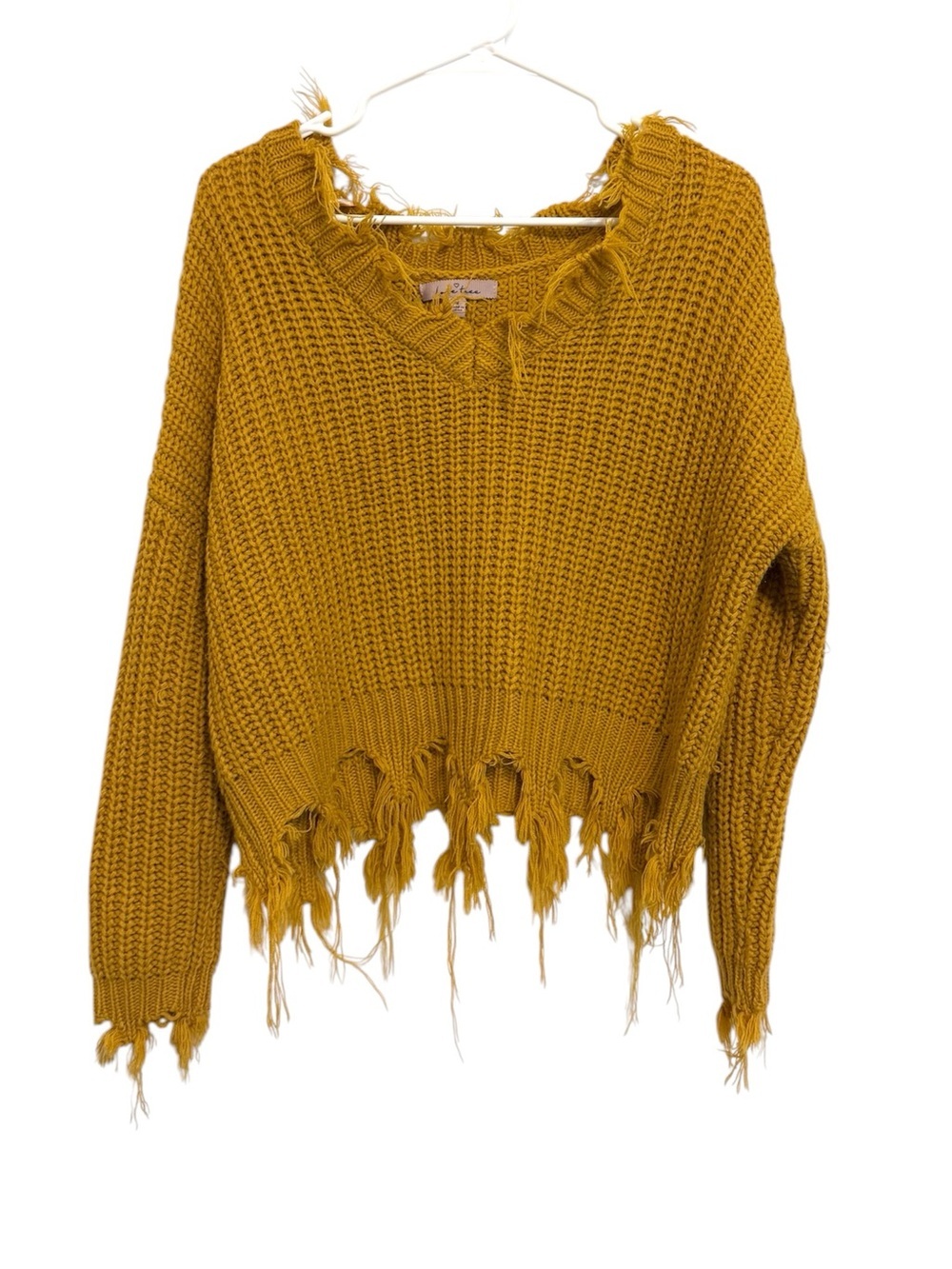 2/$30 Love Tree Mustard Yellow Distressed Fringe Chunky Knit Sweater Size M